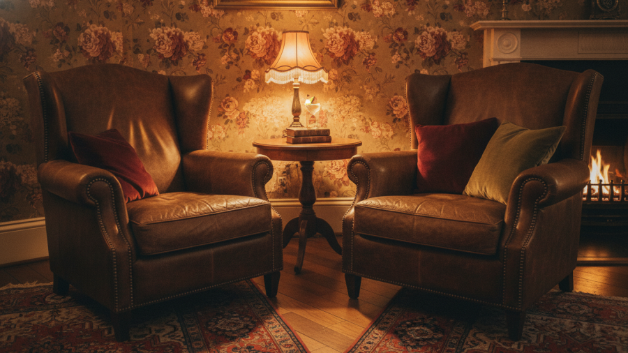 Cozy vintage Kansas City cocktail lounge corner with leather seating and ambient lighting.