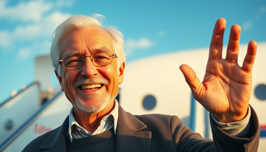 Smiling elderly male waving near aircraft stairs, Trump nominees confirmation.