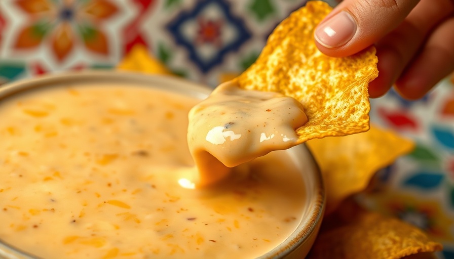 Close-up hand dipping nacho in queso on colorful tiles.