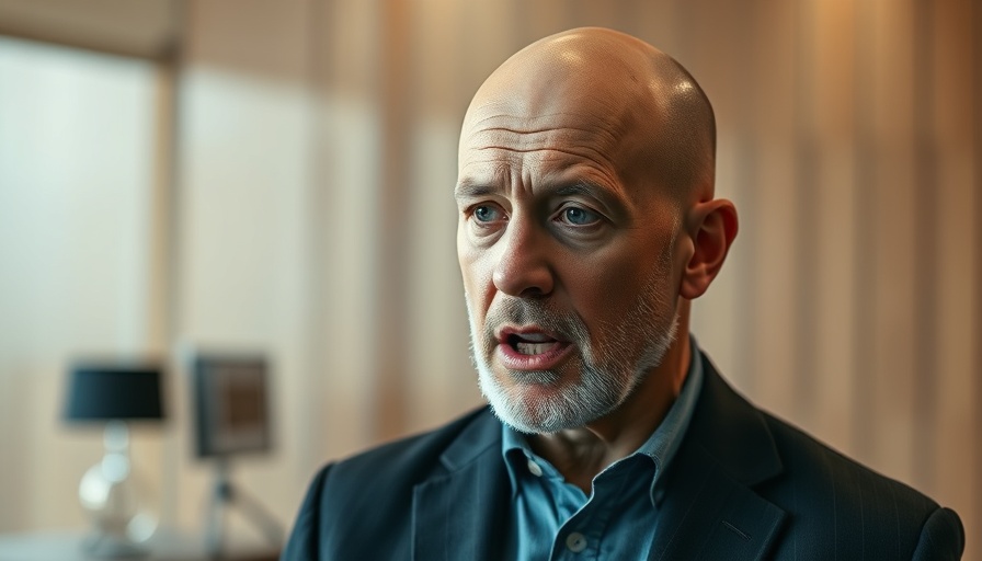 Older man speaking seriously in a modern news podcast studio.