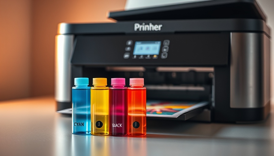 Affordable printing solutions with a modern printer and ink bottles.