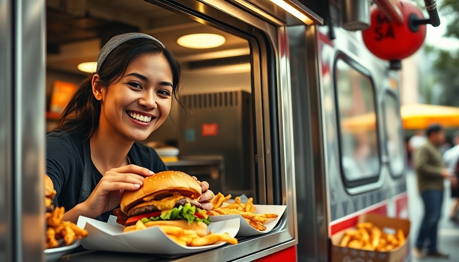Friendly server at Kansas City food truck with burger and fries.