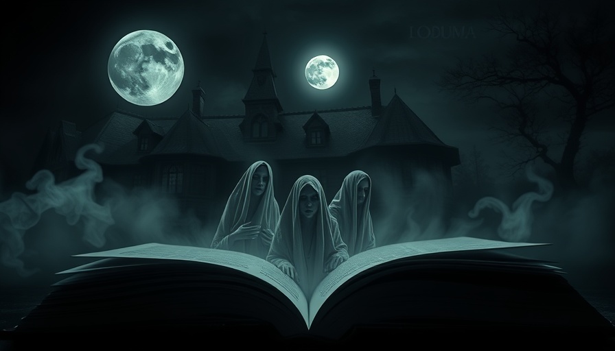 Eerie ghostly figures rise from open book near haunted mansion, Halloween theme.