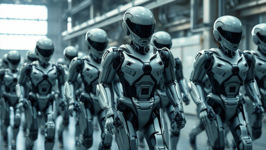 AI-powered robo-cops marching in formation in a futuristic setting.