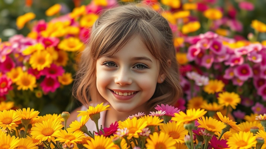 Young girl smiling outdoors with colorful flowers.