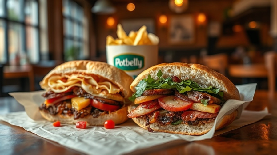 Potbelly buy-one-get-one sandwich deal showing delicious subs with chips on a wooden table.