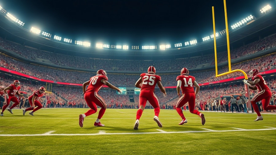 Intense touchdown scene with Kansas City Chiefs players on a lit football field.