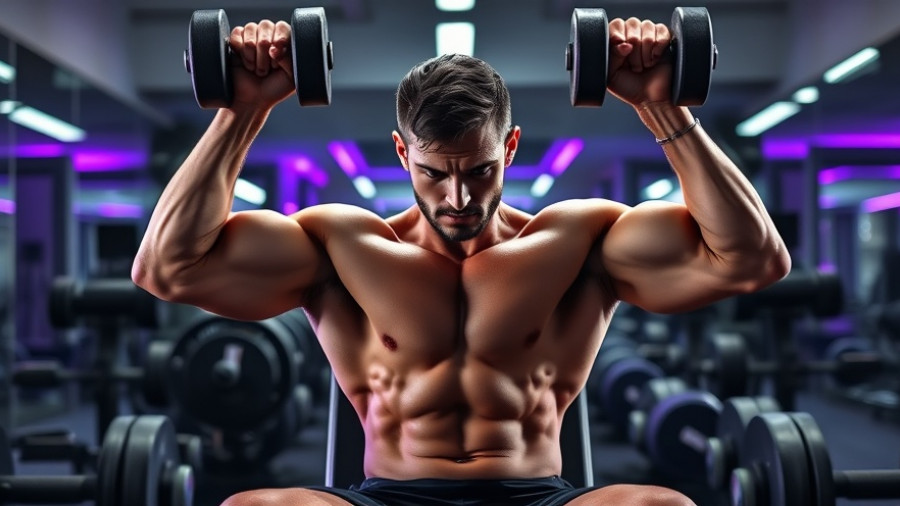 Muscular man performing seated dumbbell overhead press in gym.