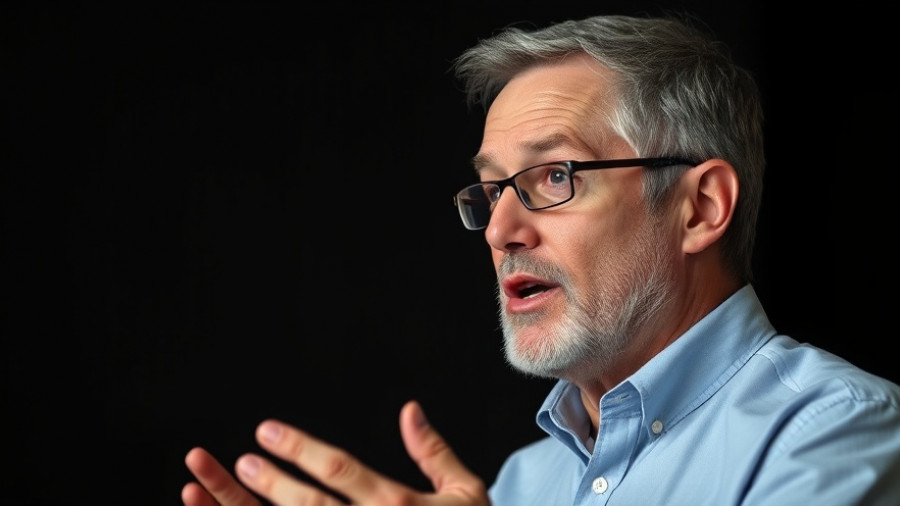 Focused man speaking against a dark background with expressive gesture.