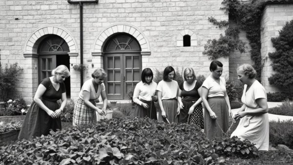 Historic photo of women gardening by Kansas City local businesses.