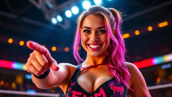 Empowering female wrestler shines brightly in neon-lit arena.