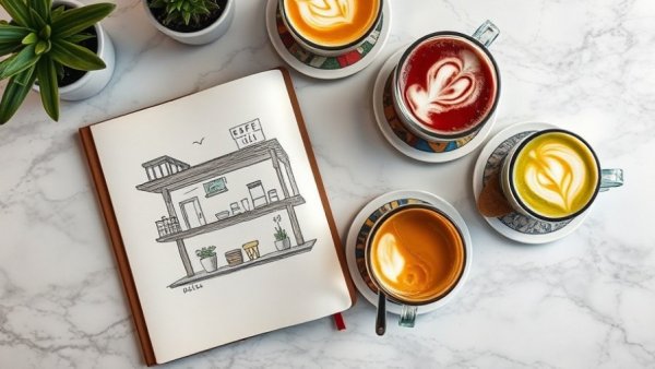 Artistic lattes and sketchbook on marble, highlighting Kansas City coffee culture.