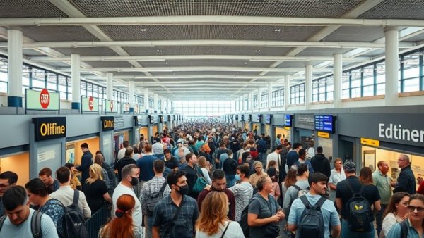 Passengers navigating long airport queues due to flight cuts.