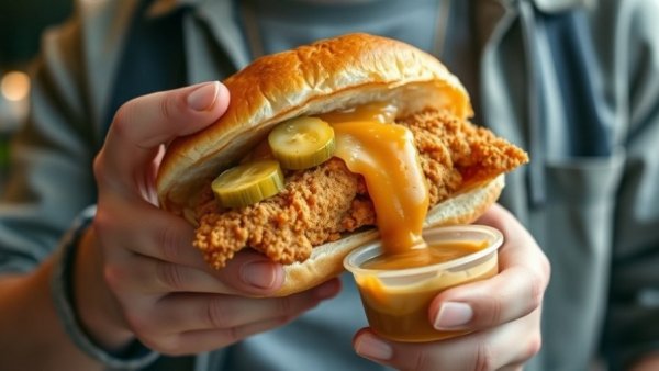 Person dipping chicken sandwich with pickles into sauce, Kansas City.