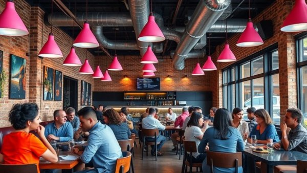 Dining scene in a lively Kansas City restaurant with modern decor.