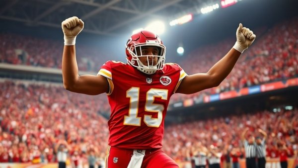 Kansas City Chiefs player celebrates touchdown with stadium crowd.