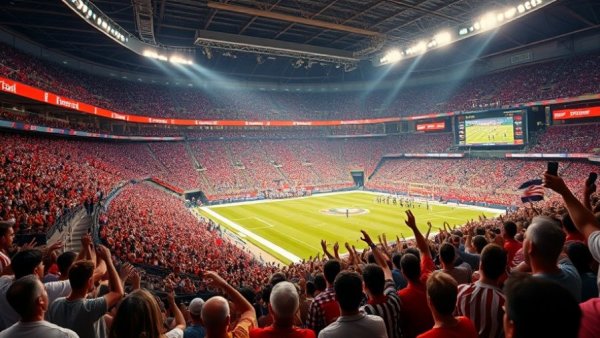 Lively football game scene with cheering fans and bright signage.