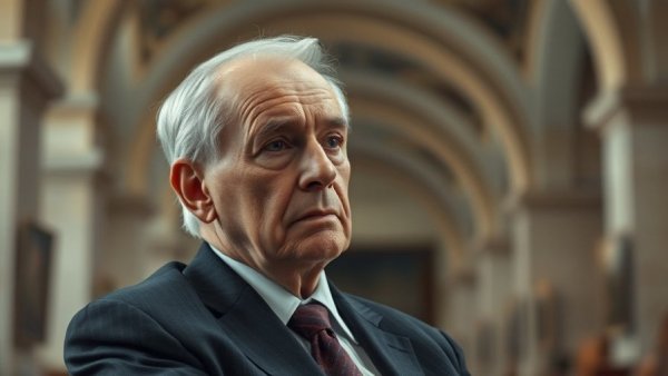 Contemplating government deal, thoughtful expression in official setting.