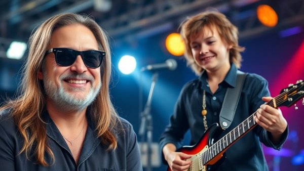 Smiling musician in interview and performing on stage.