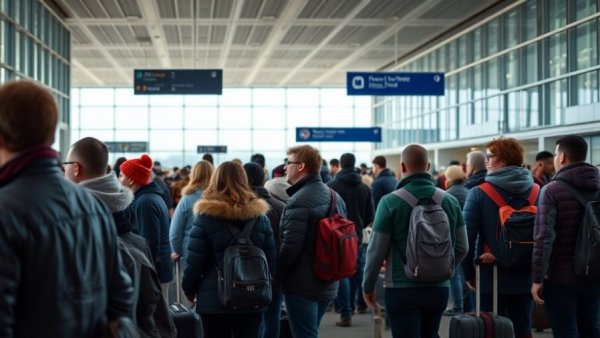 Travelers wait in Kansas City airport amid flight delays and cancellations.