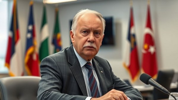 Older man serious at news conference, office background.