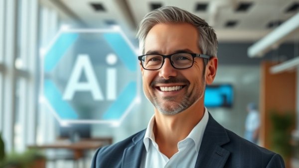 Professional man with Google AI logo, tech ambiance, controversy context.