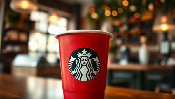 Festive Starbucks red cup in a coffee shop for Red Cup Day 2025.