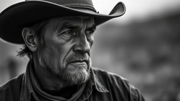 AI country music Breaking Rust: Rugged cowboy in black and white portrait.