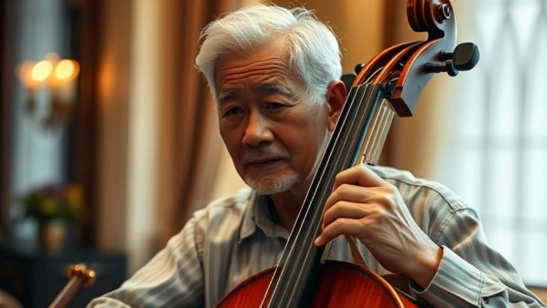 Yo-Yo Ma Kansas City concert, elderly Asian man with cello indoors.