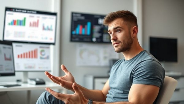 Young man explains basal metabolic rate in medical office, metabolism and aging context.