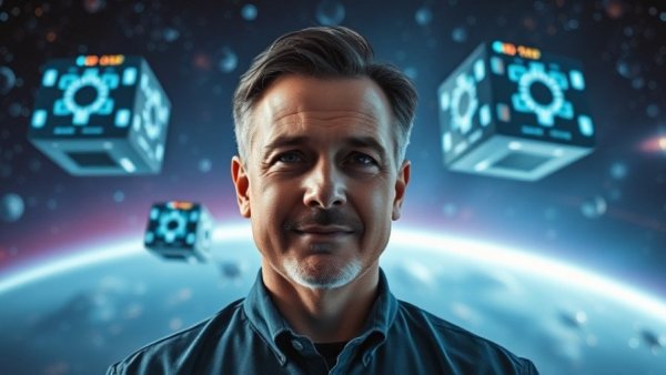 Confident man in blue background with Google logo, space-based AI data centers.