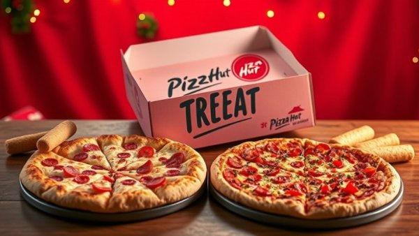Pizza Hut Triple Treat Box ad with pizzas and festive box.
