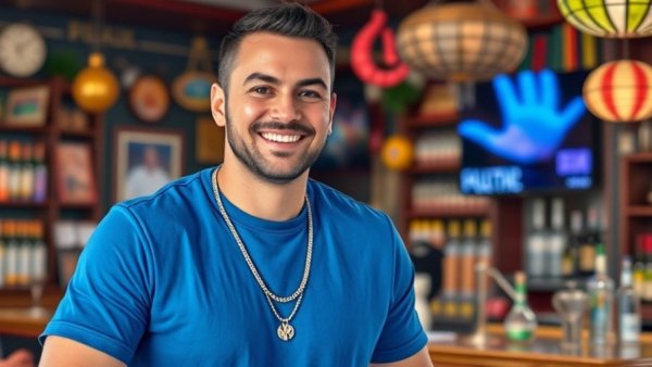 Cozy bar setting with smiling man at one of the best BBQ spots in Kansas City.