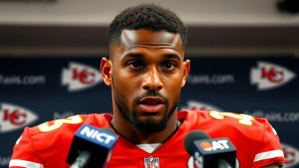 Kansas City Chiefs player in press conference discussing roster, focused expression.