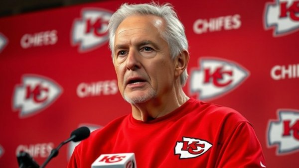 Kansas City Chiefs attire press conference with branded backdrop.