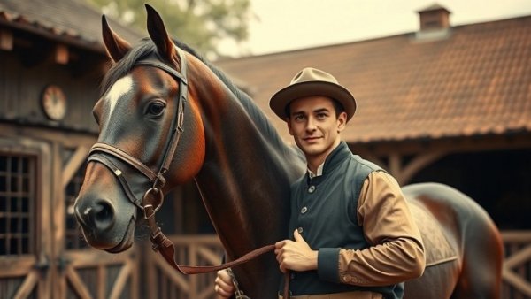 Vintage jockey with horse at stable - sepia tone.