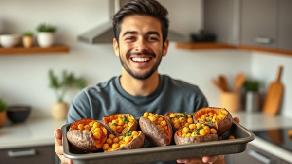 Young male showcasing a nutritious baked dish, Fuel-for-performance nutrition.