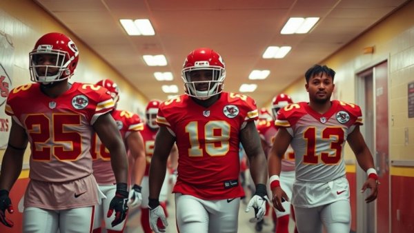 Kansas City Chiefs players in jerseys walking in a hallway.