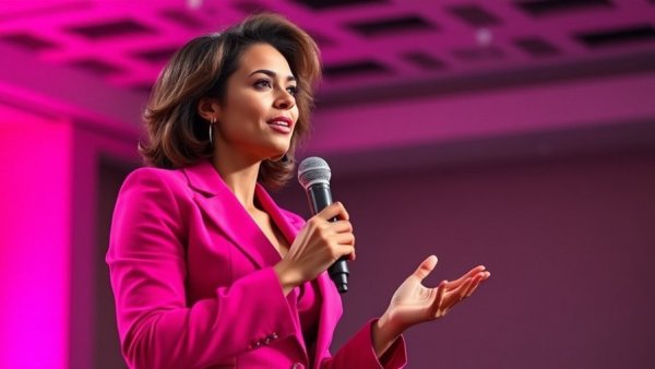 Confident woman speaking on stage during SNAP Reapplication Process discussion.