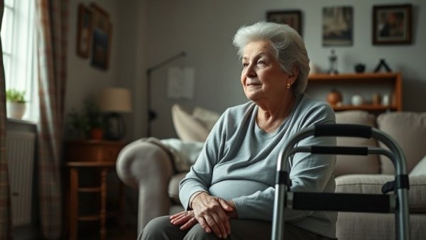 Elderly woman with walker in a living room, Public Guardianship in Missouri context.