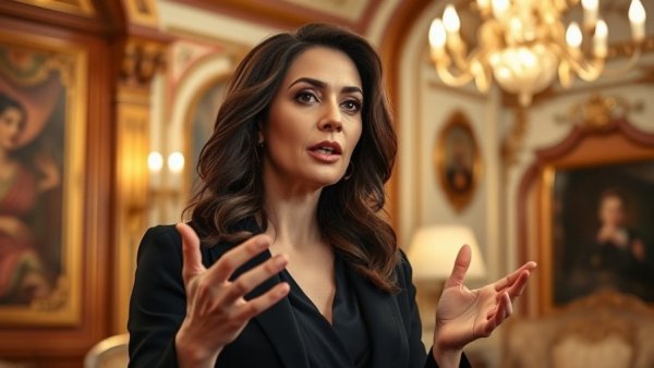 Confident woman discussing SNAP benefits fraud in an ornate setting.