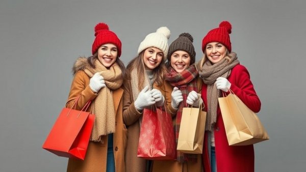Cheerful women with shopping bags during Thanksgiving weekend events in Kansas City.