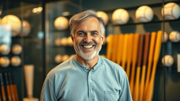 Man in College Baseball Hall of Fame Overland Park smiling by display.