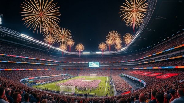Dynamic FIFA stadium scene with fireworks celebration.