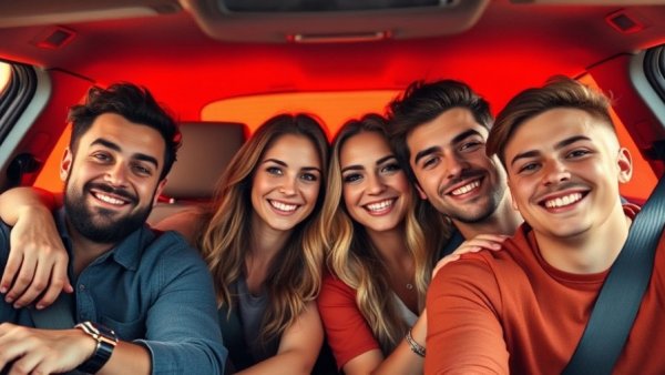 Group of friends in a car with red backdrop at Kansas City events.