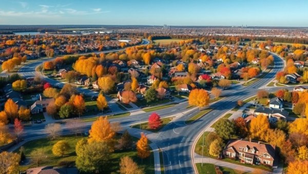 Aerial view of Kansas City neighborhoods with roads and houses.