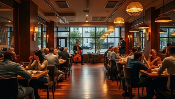 Vibrant scene in one of the best restaurants in Kansas City with live jazz.