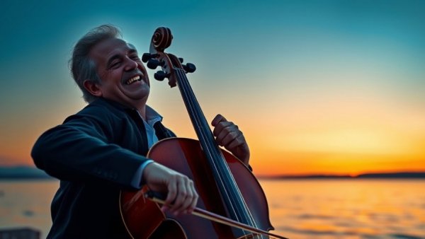 Cellist performing at sunset with serene water backdrop.