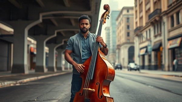 Young musician with double bass in Kansas City urban setting.