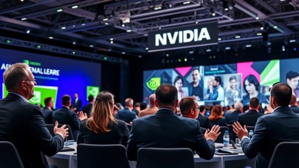 Business professionals discussing AI chip demand, tech expo with NVIDIA logo, photorealistic.